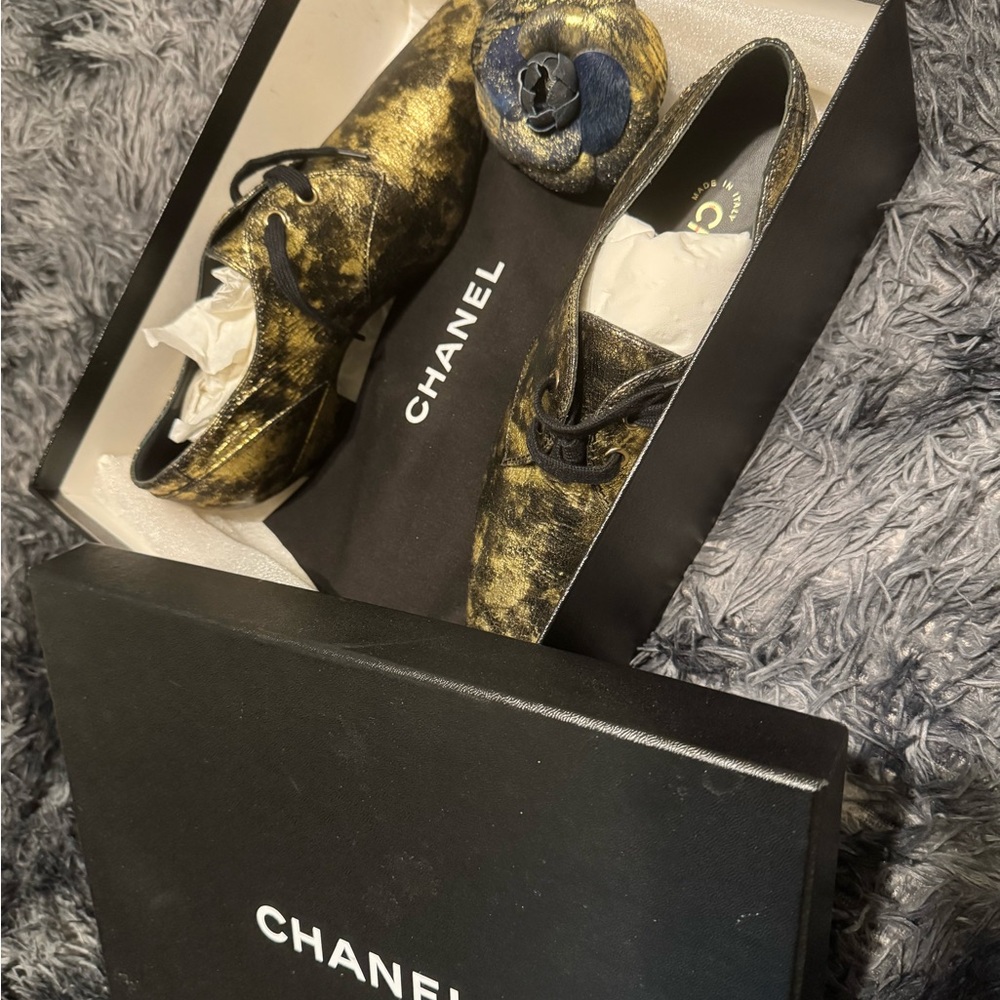 Chanel 18K Gold Laminated Goatskin Lace Up Loafers 37.5